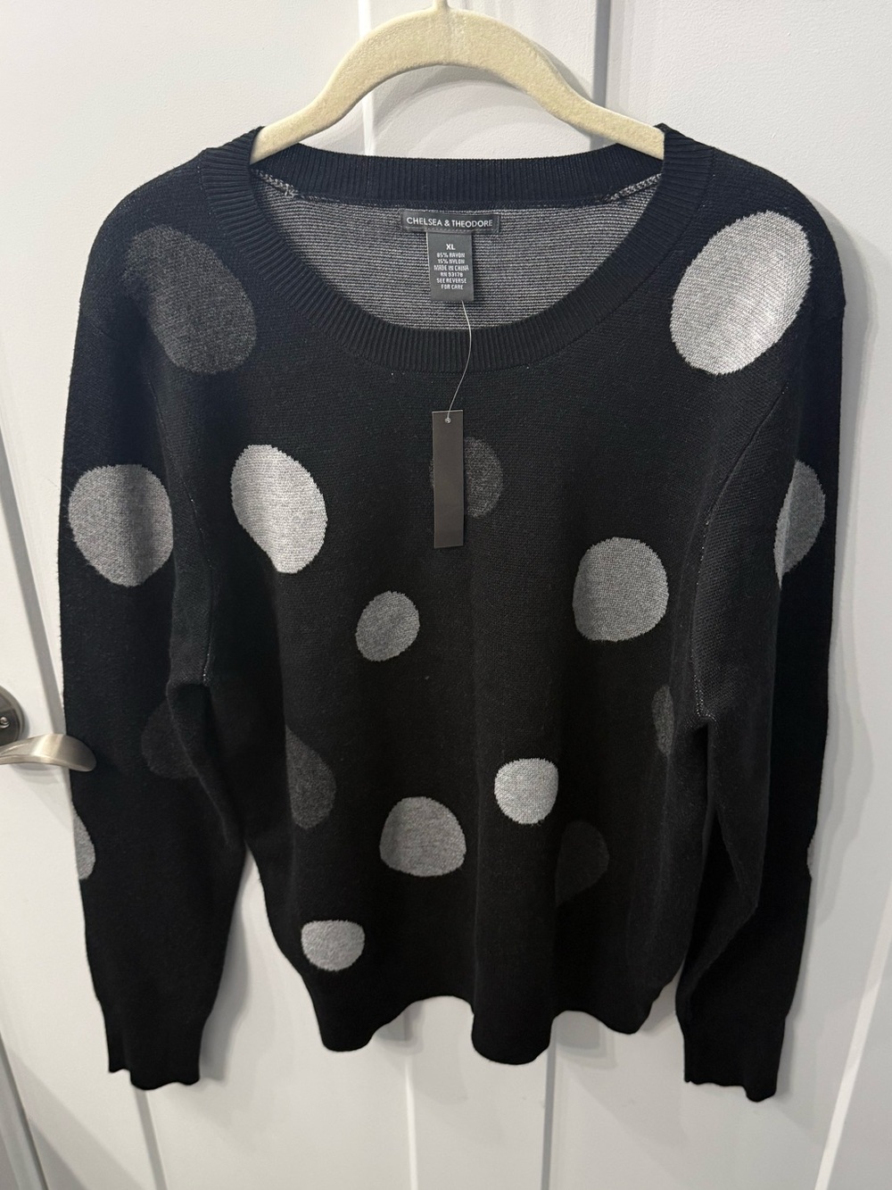 Chelsea & Theodore Wool Blend Polka Dot Crewneck Sweater Black Grey XL NWT